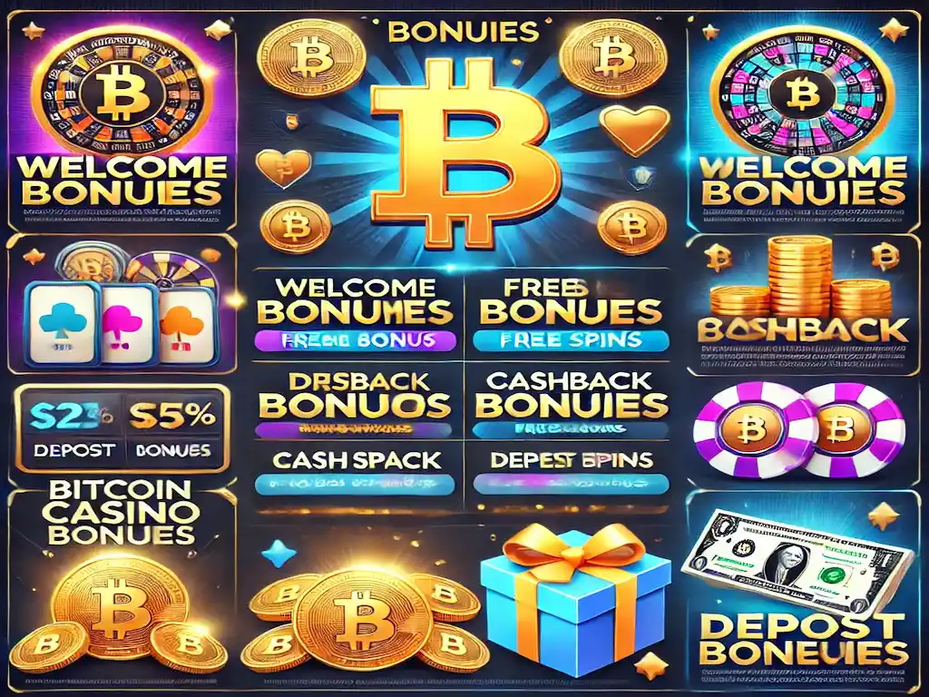 Infographic showcasing the top Bitcoin casino bonuses in 2025, featuring rewards like free spins, deposit bonuses, and cashback offers for crypto players.